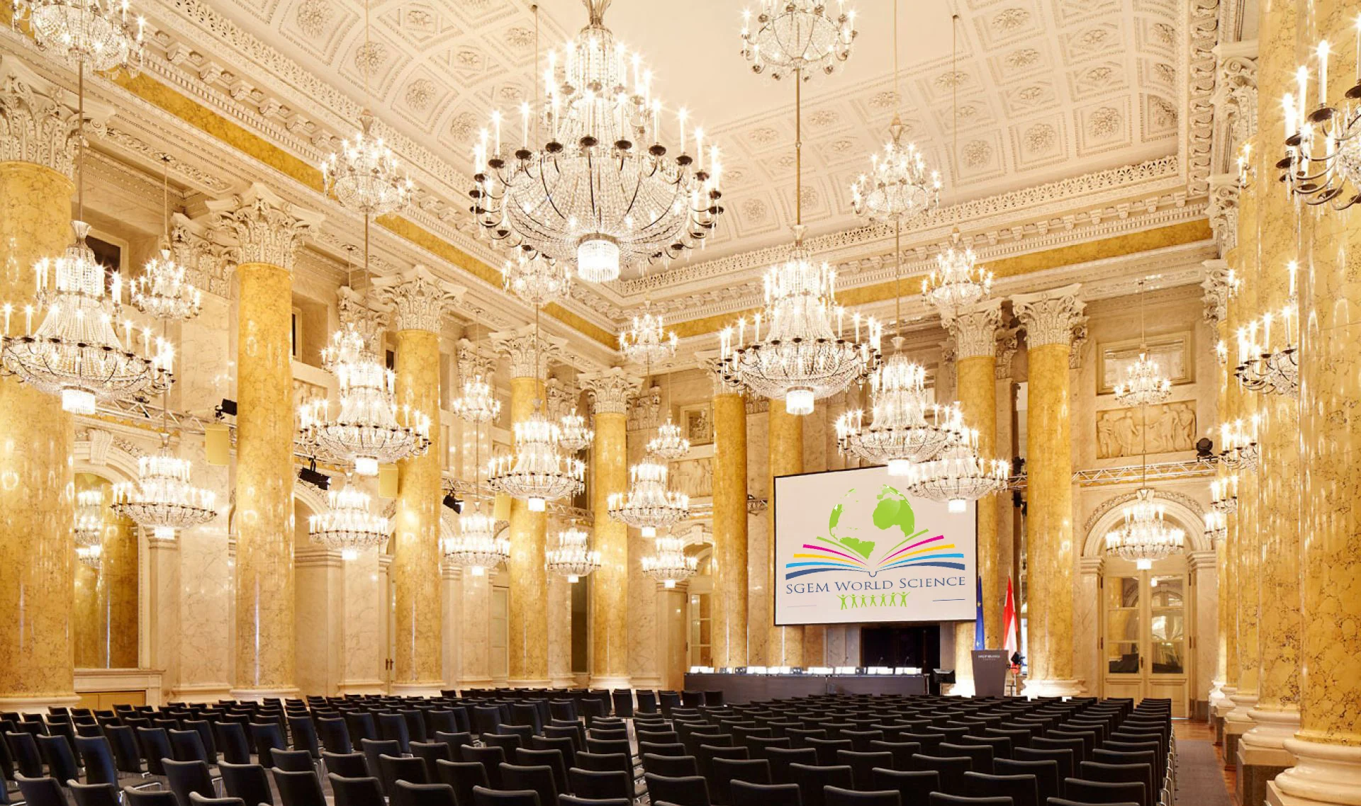 SGEM conference seating and stage in the Hofburg ceremonial hall in Vienna