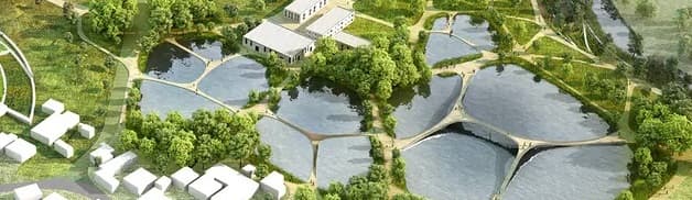 Green urban landscape with solar panels and planted roofs