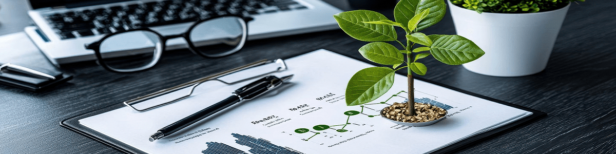 Sustainability research notes and a plant on a desk