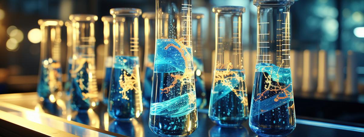 Laboratory flasks containing blue solutions for biotechnology research